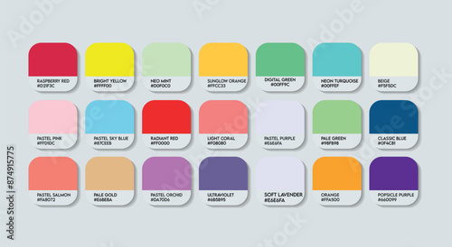 Fashion Trend Color Guide Palette with Color Names. Catalog Samples Fashion Trends with RGB HEX codes and Names. Colorful Paint Palette Vector, Wood, Plastic China Multicolor Color Palette Vector