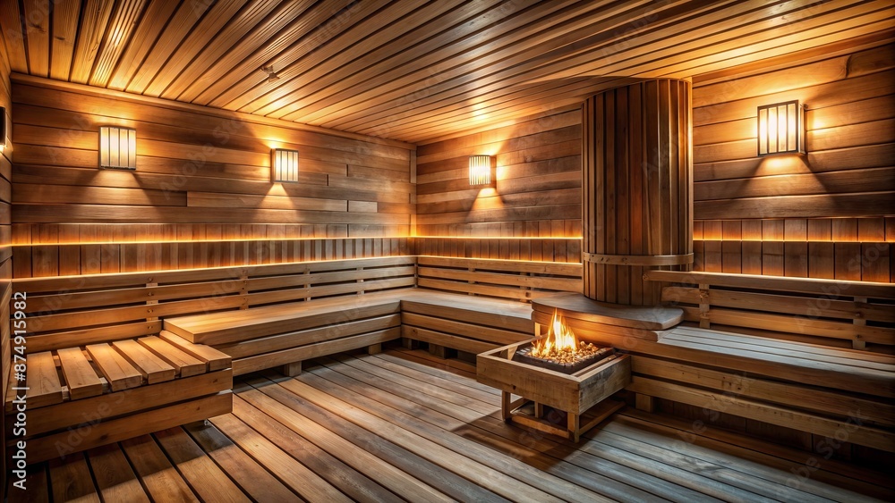 Traditional Finnish wooden sauna interior with rustic wooden benches and walls, dim lighting, and a hint of steamy atmosphere. Traditional Finnish wooden sauna interior with rustic wooden benches and walls, dim lighting, and a hint of steamy atmosphere.