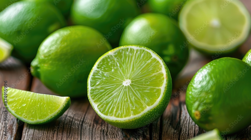 Close-up of whole and sliced limes arranged on a rustic wooden table Close-up of whole and sliced limes arranged on a rustic wooden table
