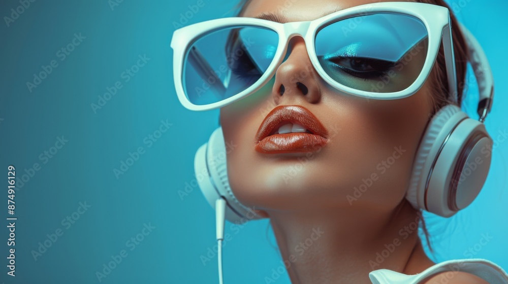 Female model wearing large sunglasses and headphones on a clean blue background. Female. Audio, music, enjoyment, emotions, listening. Female model wearing large sunglasses and headphones on a clean blue background. Female. Audio, music, enjoyment, emotions, listening.