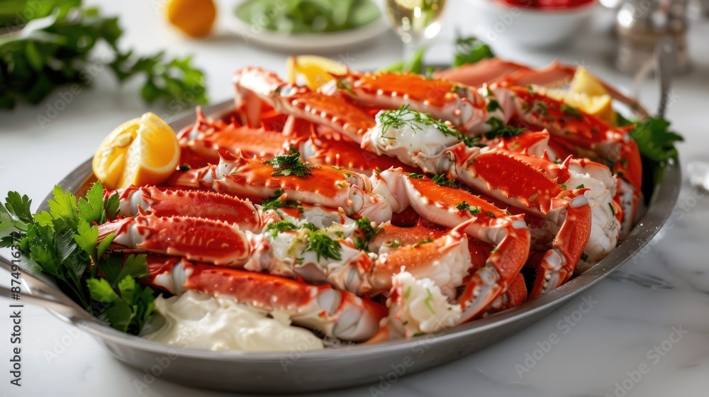 Cooked crab legs served on a platter with garnishes Cooked crab legs served on a platter with garnishes