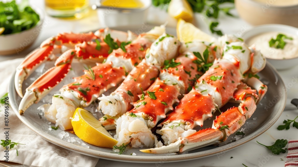 Cooked crab legs served on a platter with garnishes Cooked crab legs served on a platter with garnishes