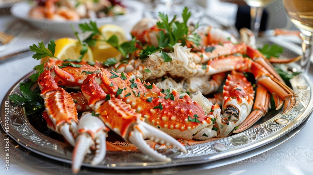 Cooked crab legs served on a platter with garnishes Cooked crab legs served on a platter with garnishes