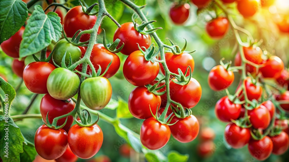 Vibrant red ripe cherry tomatoes cluster on lush green foliage background, hanging from vine of thriving tomato tree in garden setting. Vibrant red ripe cherry tomatoes cluster on lush green foliage background, hanging from vine of thriving tomato tree in garden setting.