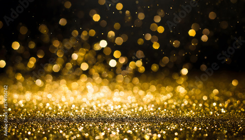 glitter lights. gold and black background. Generative AI.