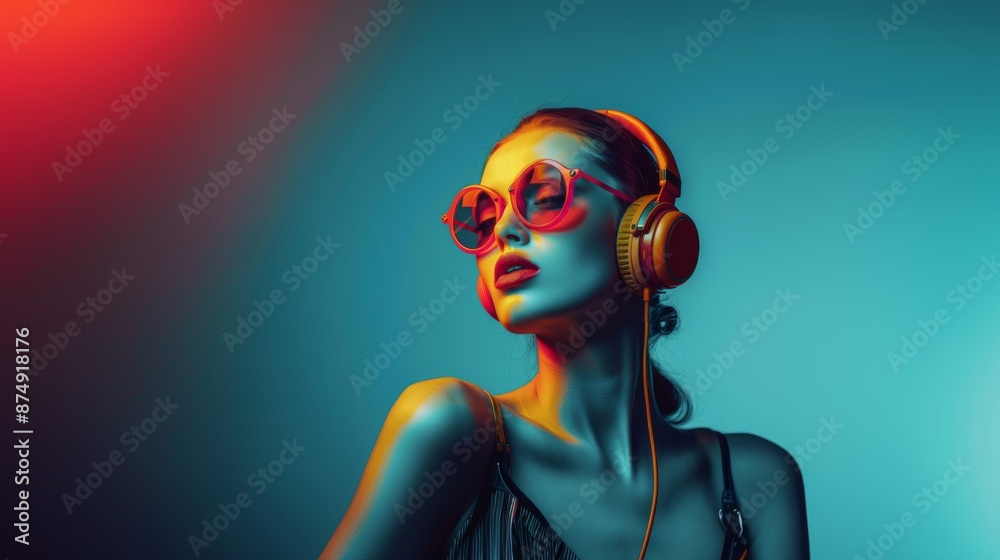 Female fashion model with sunglasses and red headphones on a clean blue background. Female. Audio, music, enjoyment, emotions, listening. Female fashion model with sunglasses and red headphones on a clean blue background. Female. Audio, music, enjoyment, emotions, listening.