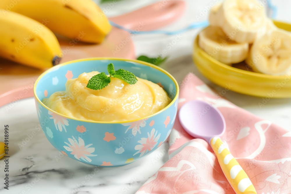 Mashed bananas in a colorful bowl, Baby food, Sweet and healthy snack Mashed bananas in a colorful bowl, Baby food, Sweet and healthy snack