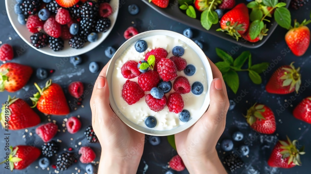 Surrounded by fresh fruits, a woman prepares a delicious breakfast bowl with natural yogurt and a mix of raspberries, blueberries, strawberries, and blackberries, alongside a bowl of honey. Surrounded by fresh fruits, a woman prepares a delicious breakfast bowl with natural yogurt and a mix of raspberries, blueberries, strawberries, and blackberries, alongside a bowl of honey.