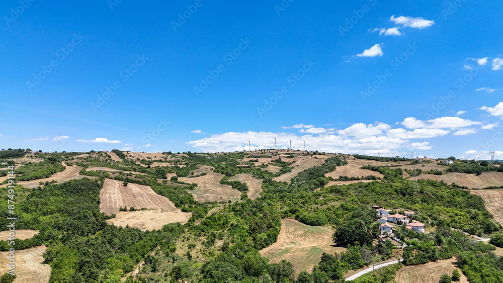 Fototapeta premium Summer aerial view of Alta Irpinia's rural landscape (Avellino province) , Italy. Valle d'Ansanto district