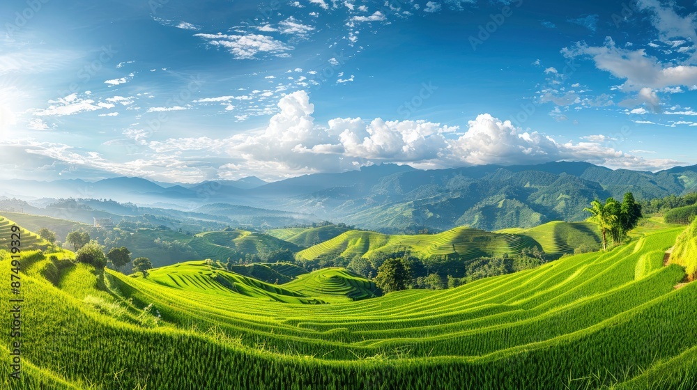 A Panoramic View Of Green Rice Fields With Mountains In The Background At Pa Pong Piang Rice Terraces A Panoramic View Of Green Rice Fields With Mountains In The Background At Pa Pong Piang Rice Terraces