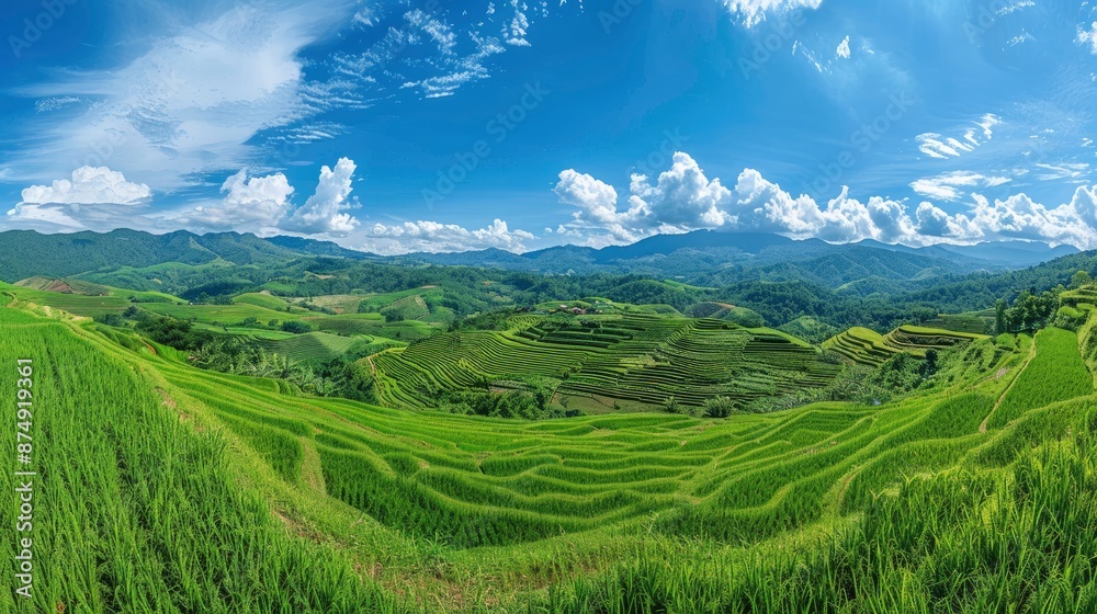 A Panoramic View Of Green Rice Fields With Mountains In The Background At Pa Pong Piang Rice Terraces A Panoramic View Of Green Rice Fields With Mountains In The Background At Pa Pong Piang Rice Terraces