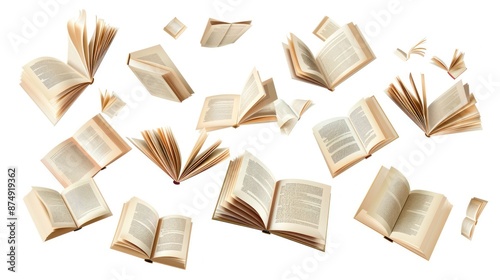 Open book falling isolated on white background, a book flying in the air floating concept to foster the desire to read and learn for the sake of gaining knowledge