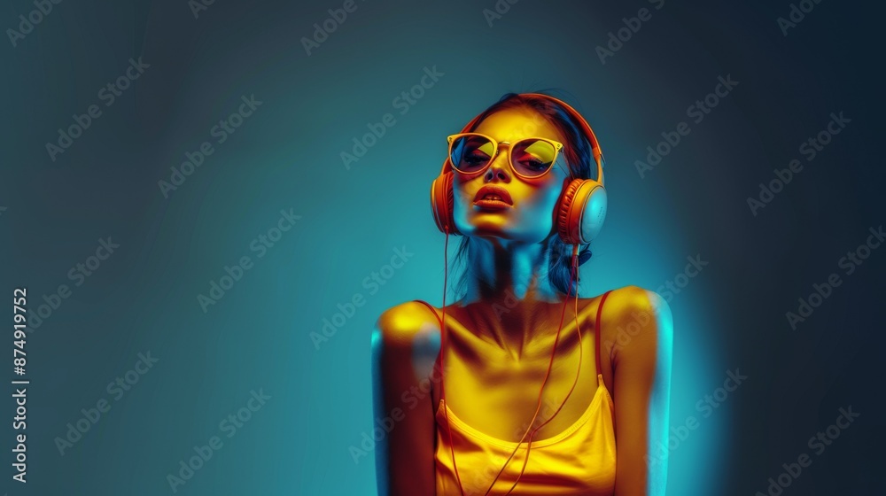 Female fashion model wearing sunglasses and yellow headphones on a clean background. Female. Audio, music, enjoyment, emotions, listening. Female fashion model wearing sunglasses and yellow headphones on a clean background. Female. Audio, music, enjoyment, emotions, listening.