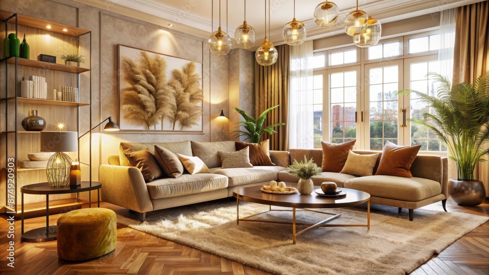 Fototapeta premium Warmly lit interior with soft golden tones, plush furnishings, and natural textures exuding serenity and coziness in a peaceful atmosphere.