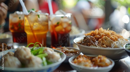 Delicious food and drinks on a table, close-up view.