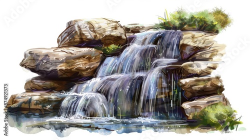 a waterfall clipart, camping element, digital painting, realistic style, isolated on white background