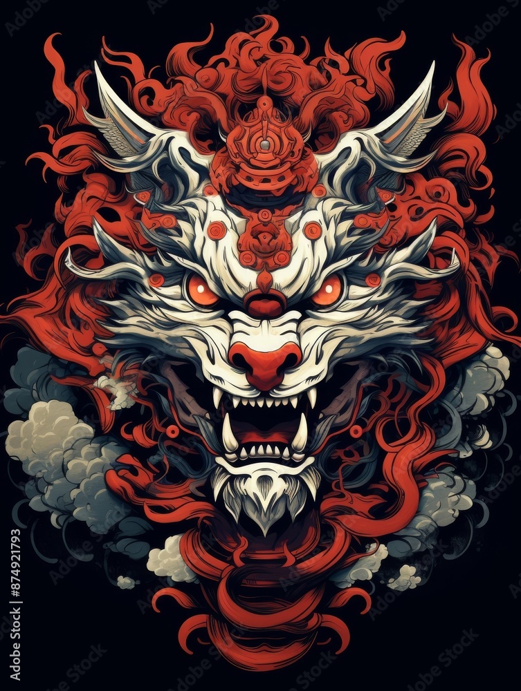 Fiery Dragon Illustration with Red and White Details Fiery Dragon Illustration with Red and White Details