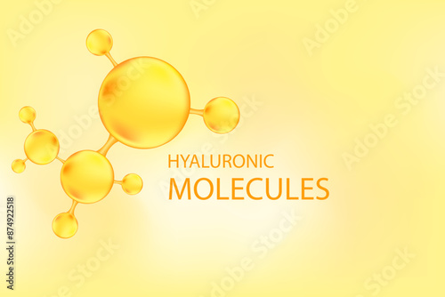 Gold collagen molecule peptide or hyaluronic acid. Vitamin solution complex with Chemical formula from nature. Yellow watercolor gradient background for beauty treatment, nutrition skin care