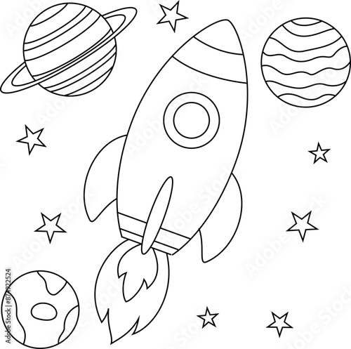 Rocket and planets outline coloring page for kids