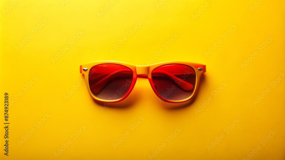 Vibrant yellow background with bold, abstract shapes, evoking feelings of summer warmth, contrasting with sleek, modern, red sunglasses lying solitary. Vibrant yellow background with bold, abstract shapes, evoking feelings of summer warmth, contrasting with sleek, modern, red sunglasses lying solitary.