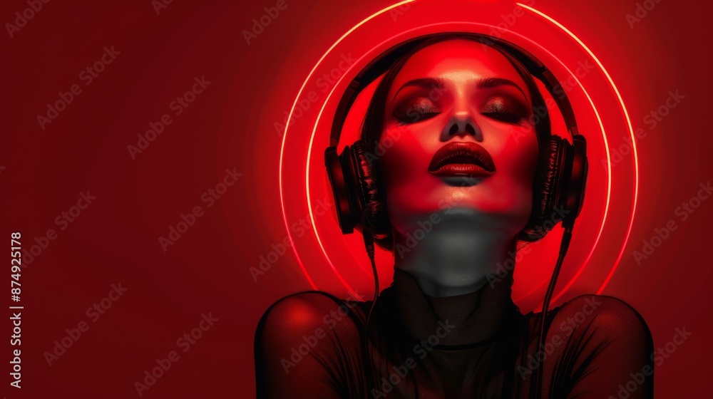 Brunette wearing headphones on a vibrant red background. Female. Audio, music, enjoyment, emotions, listening.
Brunette wearing headphones on a vibrant red background. Female. Audio, music, enjoyment, emotions, listening.