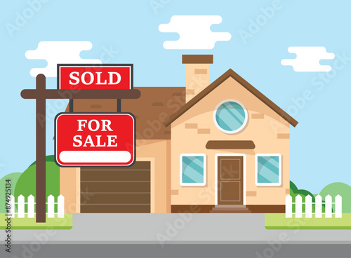 Real estate banner with house icon in flat style. Sale label vector illustration on isolated background. Sold sign business concept.