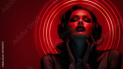 Brunette wearing headphones on a vibrant red background. Female. Audio, music, enjoyment, emotions, listening.	
