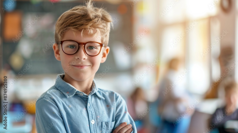 Portrait of a smiling schoolboy against a blurred background in the classroom. Back to school.
Portrait of a smiling schoolboy against a blurred background in the classroom. Back to school.