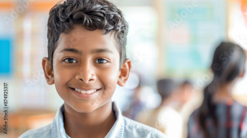 Portrait of a smiling Indian schoolboy against a blurred background in the classroom. Back to school. 