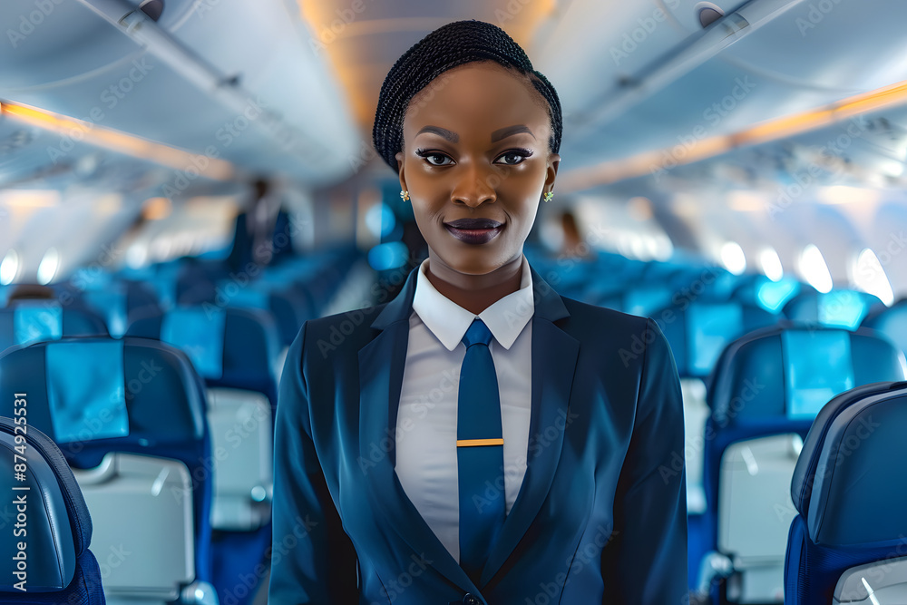African American woman working as flight attendant. Female airplane stewardess with blurred seats in aisle background. African American woman working as flight attendant. Female airplane stewardess with blurred seats in aisle background.