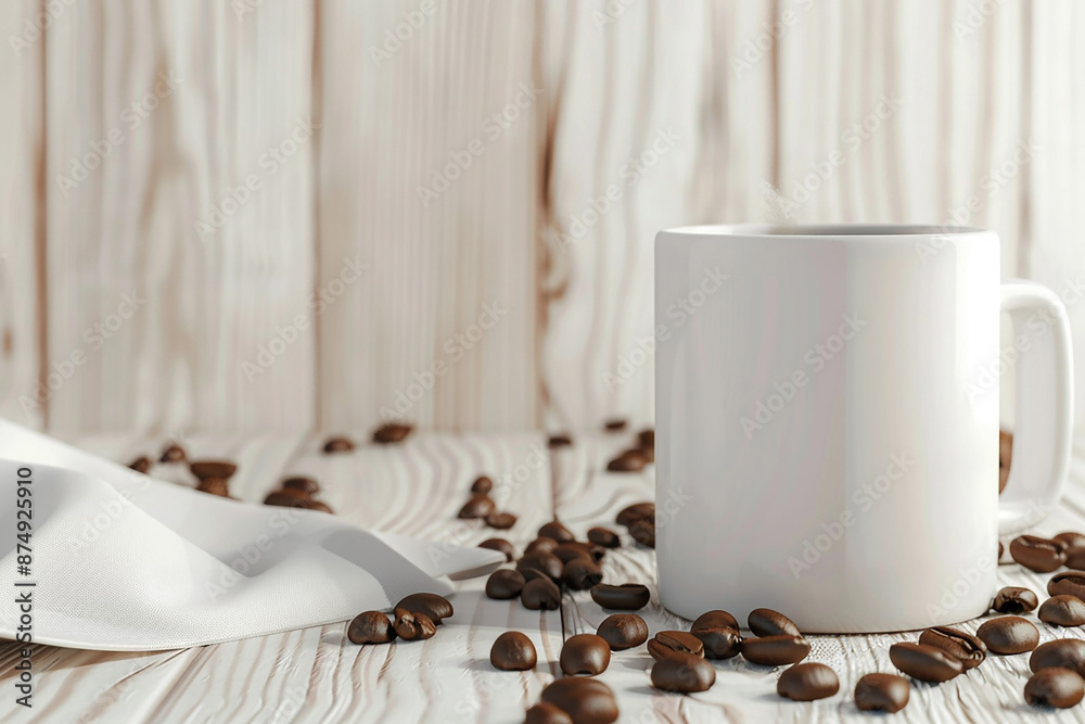 Advertising white coffee cup mockup with coffee beans, light wooden background, 3D render Advertising white coffee cup mockup with coffee beans, light wooden background, 3D render