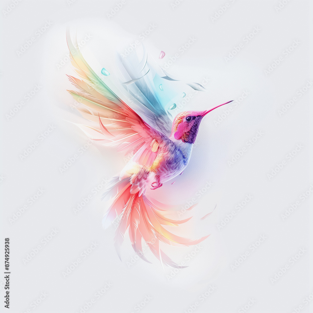 Obraz premium Colorful watercolor hummingbird in flight on white background