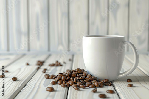 Advertising white coffee cup mockup with coffee beans, light wooden background, 3D render photo