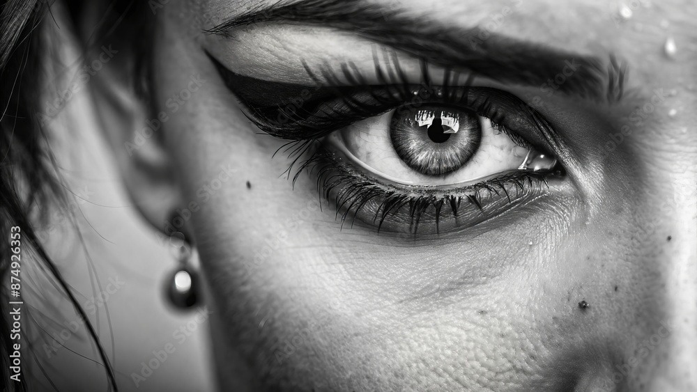 Fototapeta premium Intense, dramatic close-up of a single, piercing female eye, with luscious lashes and subtle wrinkles, in crisp black and white.