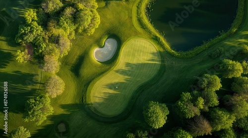 Aerial view of bunkers sand in golf court with putting green grass