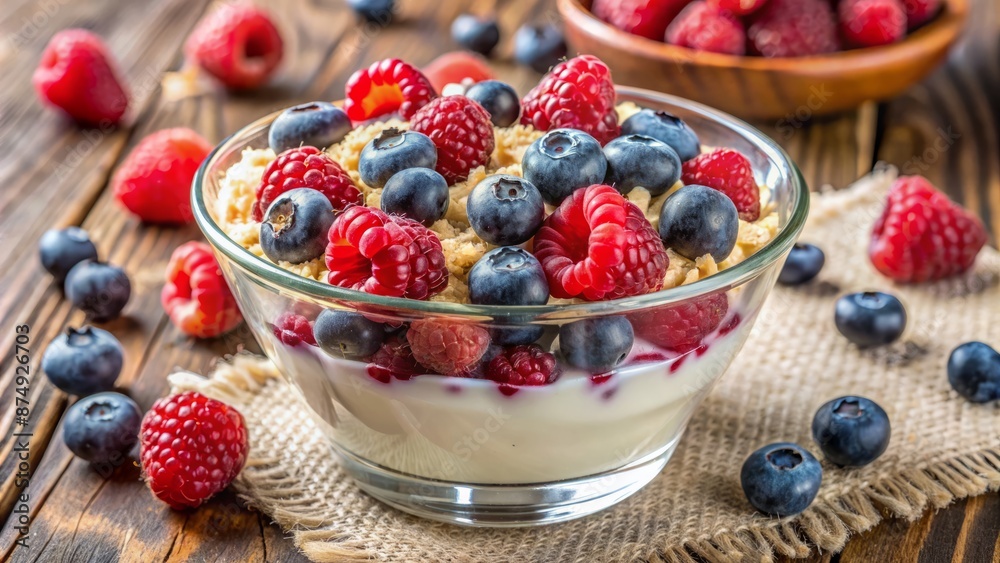 Fresh mix of ripe raspberries and blueberries tops creamy dressing and crumbled dairy product in a elegant transparent container. Fresh mix of ripe raspberries and blueberries tops creamy dressing and crumbled dairy product in a elegant transparent container.