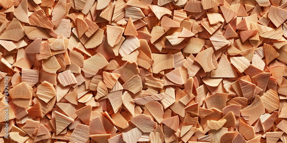 Randomly scattered small pieces of wood chips with visible wood grain and light brown color Randomly scattered small pieces of wood chips with visible wood grain and light brown color
