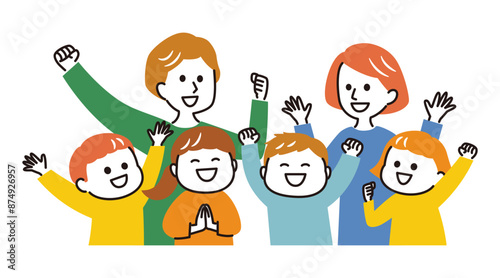 colorful illustration of excited kids and adults