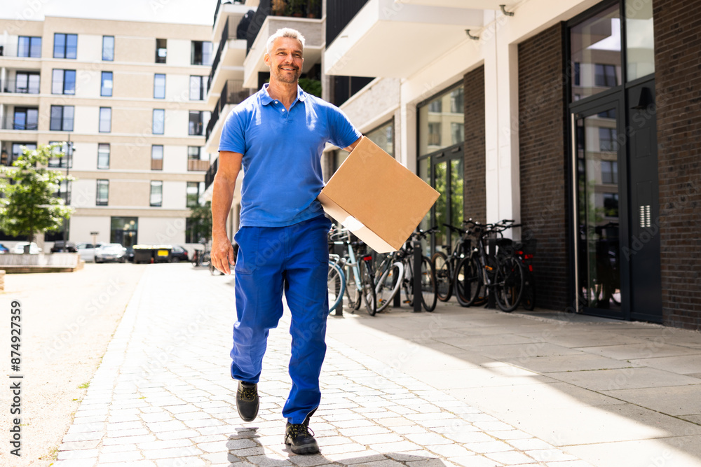 Happy Delivery Man in Uniform Holding a Parcel Standing by Van Happy Delivery Man in Uniform Holding a Parcel Standing by Van