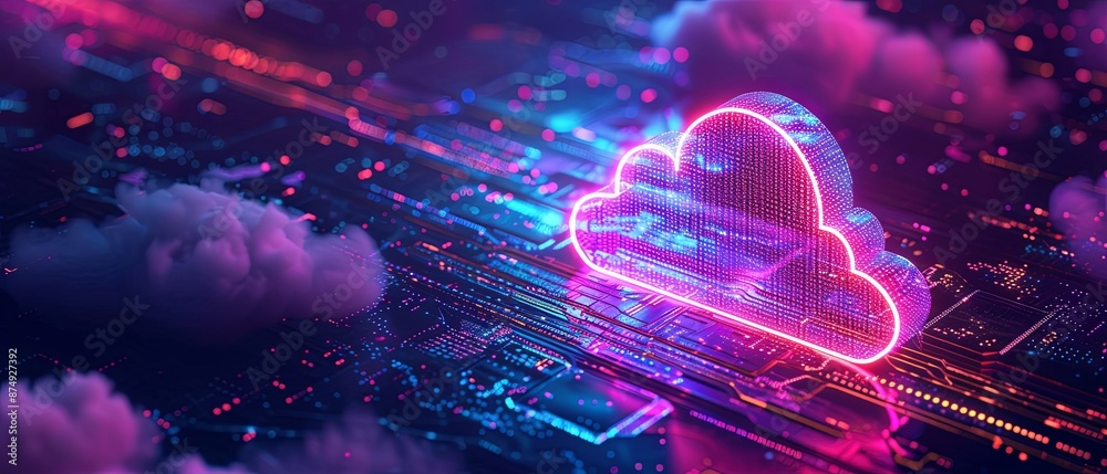 beautiful Cloud storage data for downloading an isometric. HUD hologram neon glow light technology 