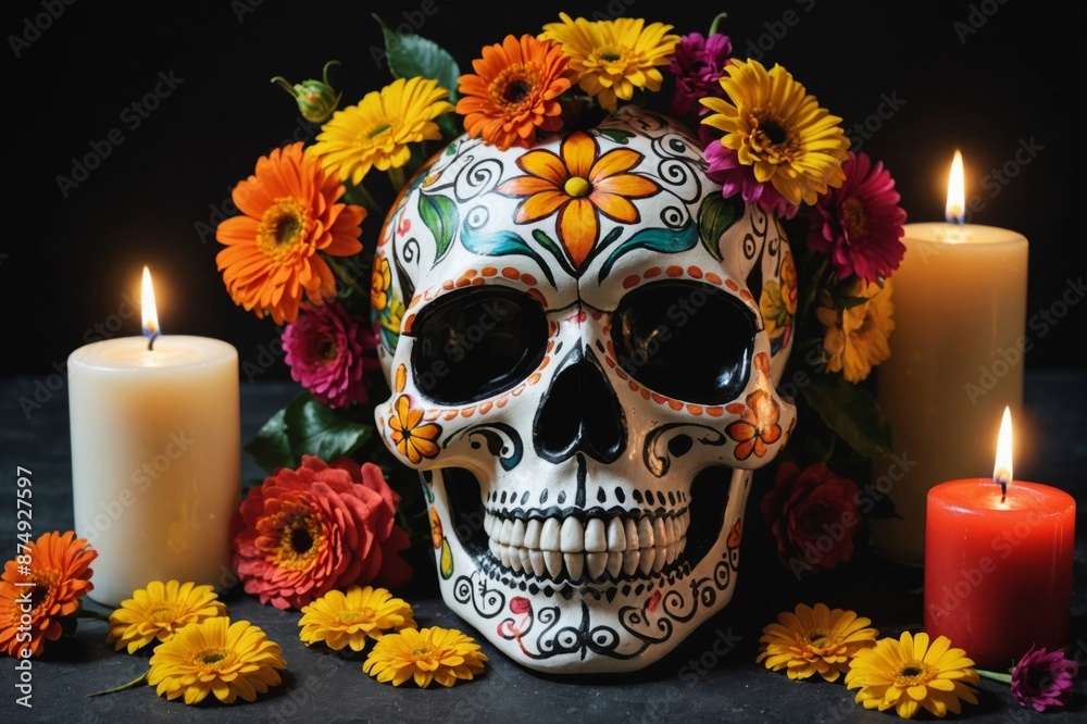 Painted skull for Mexico's Day of the Dead (El Dia de Muertos), flowers and candles on dark background