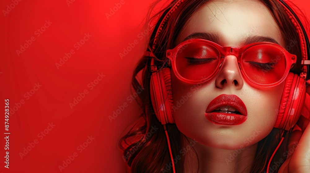 Brunette wearing headphones on a vibrant red background. Female. Audio, music, enjoyment, emotions, listening.
Brunette wearing headphones on a vibrant red background. Female. Audio, music, enjoyment, emotions, listening.