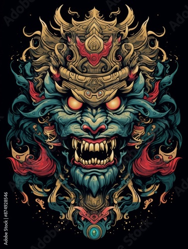 Barong Mask Illustration with Intricate Design