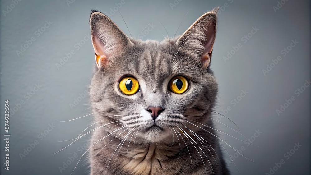 Obraz premium Gray cat with big yellow eyes looking surprised at the camera, surprised, gray cat, yellow eyes, animal, pet, feline