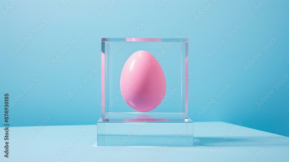 Easter themed image with pink egg in clear box on blue background featuring painted chicken egg Easter themed image with pink egg in clear box on blue background featuring painted chicken egg