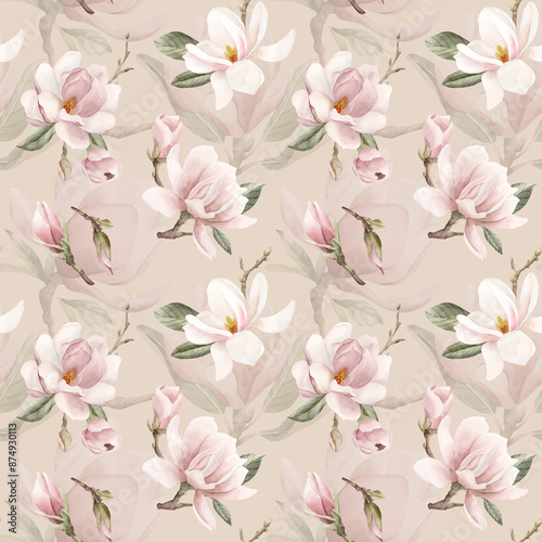 Light pink magnolia branches with flowers. Watercolor floral seamless pattern on beige background for flower fabric © Leyla