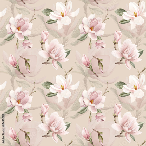 Light pink magnolia branches with flowers. Watercolor floral seamless pattern on beige background for flower fabric