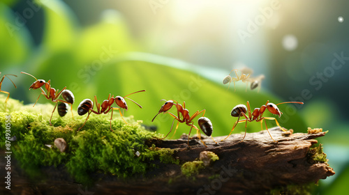 Red Ants Seeking Food on Green Foliage.A Close-Up View