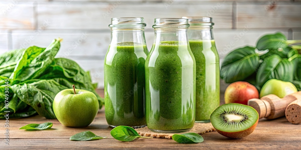 Healthy detox spinach smoothie with green apple, kiwi, and ginger in bottles on a table , health, fresh, raw, vegan, antioxidants Healthy detox spinach smoothie with green apple, kiwi, and ginger in bottles on a table , health, fresh, raw, vegan, antioxidants
