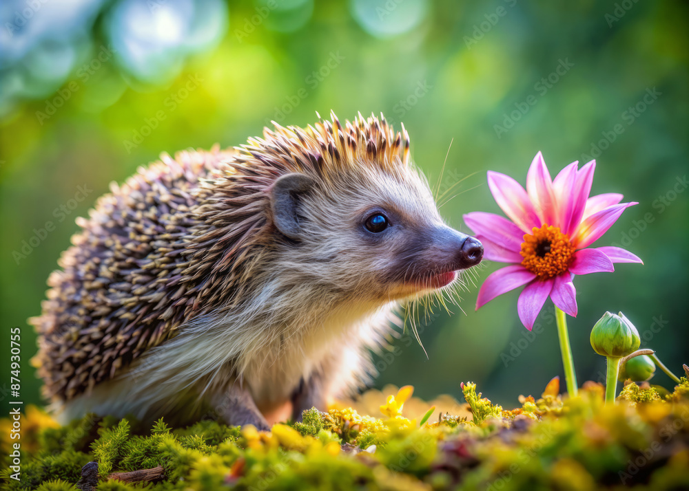 A curious hedgehog sniffs a delicate, brightly colored flower, its tiny nose twitching as it explores the intricately detailed petals and stem in nature. A curious hedgehog sniffs a delicate, brightly colored flower, its tiny nose twitching as it explores the intricately detailed petals and stem in nature.
